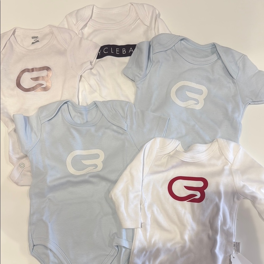 CycleBar Baby Onesies in White and Light Blue